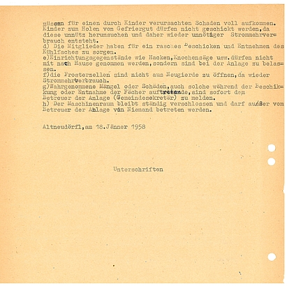 Satzungen der Tiefkühlgemeinschaft Altneudörfl, 18. Jänner 1958.