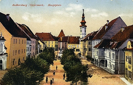 Verlag F. Weitzinger, Radkersburg: „Radkersburg (Steiermark) Hauptplatz“. Gelaufen am 7. 11. 1918 von Radkersburg nach Graz. Sammlung Ferdinand Filipic, MiaZ.