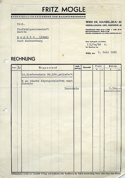 Rechnung der Firma Fritz Mögle an die Tiefkühlgemeinschaft Goritz, 5. Juli 1961