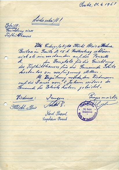 Niederschrift über die Zurverfügungstellung einer Bauparzelle für die Gemeinschaftskühlanlage in Goritz, 21. April 1961